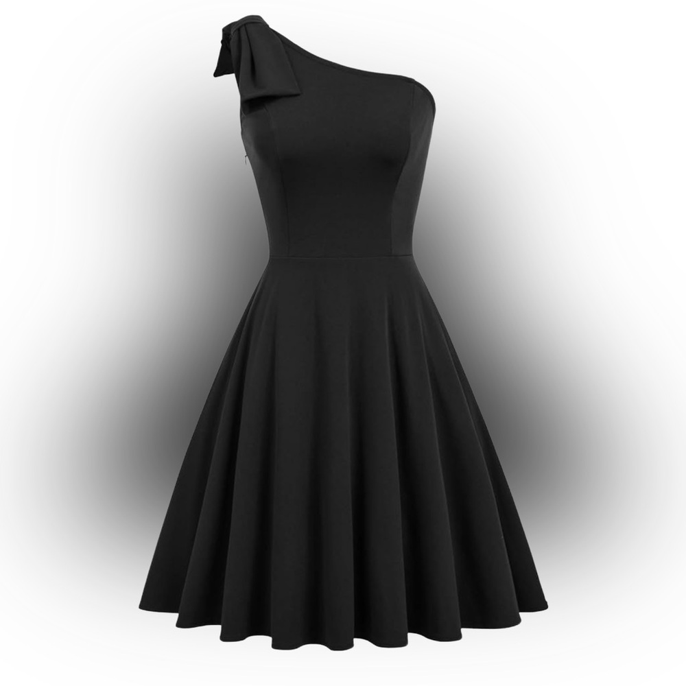 JASAMBAC Black One Shoulder Bow A-Line Dress w/ Pockets Size XL
